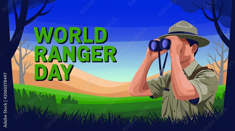 Obraz premium World ranger day illustration with forest ranger using binoculars binocular wildlife conservation wilderness