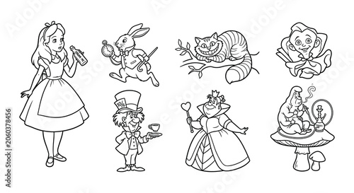 Alice In Wonderland Characters Black And White Vector Illustration