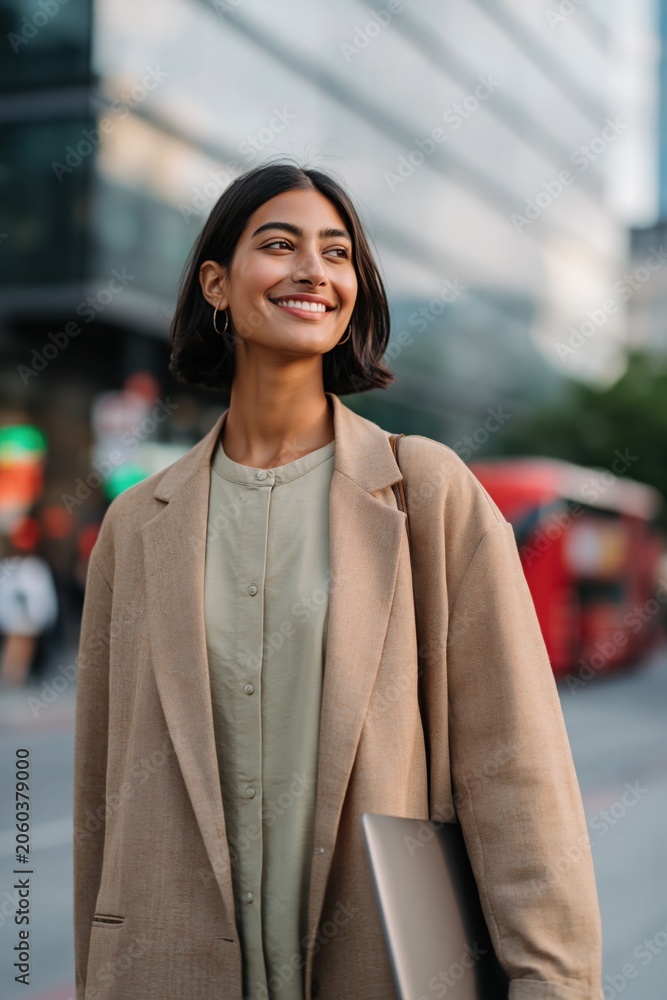 Obraz premium Young woman smiling while standing on urban street with laptop