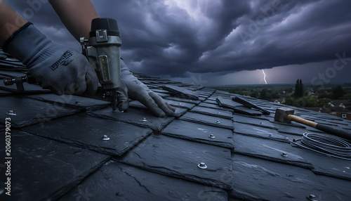 Roofer installing slate tiles during a thunderstorm