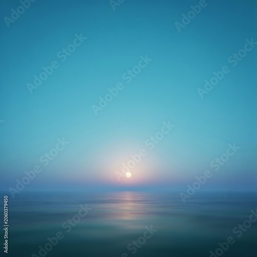 Serene ocean sunset, calm sea, blue gradient sky, peaceful landscape