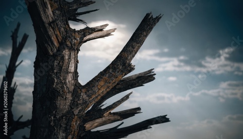 A close-up of a dry, broken tree trunk with jagged branches against a cloudy sky, evoking a sense of desolation and natural decay.