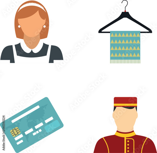 Vector icons representing hospitality services with a maid, bellhop, credit card, and clothing