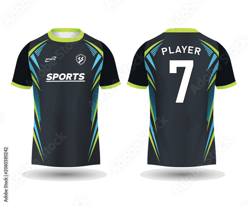 Dark blue sports jersey with neon green and blue accents