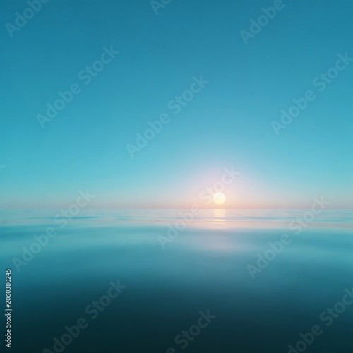 Sunrise over calm ocean water, serene natural landscape, blue sky, peaceful morning scene