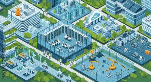 Isometric view of a futuristic smart city with sustainable buildings and advanced technology.