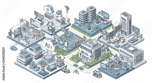 Isometric illustration of a futuristic smart city powered by artificial intelligence and advanced technology.