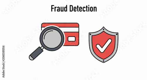 Illustration of fraud detection with a credit card, magnifying glass, and shield icon.