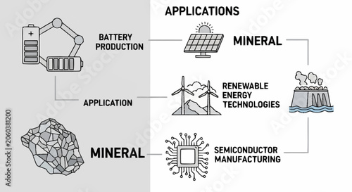Diagram illustrating the connection between minerals, battery production, and various technological applications.