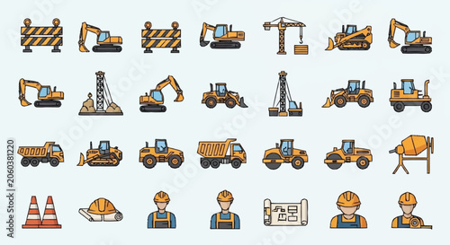 Collection of construction equipment and vehicles, including excavators, trucks, cranes, and workers.