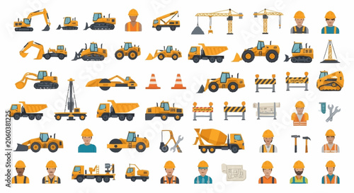 Collection of construction vehicles, equipment, and workers in a flat design style.