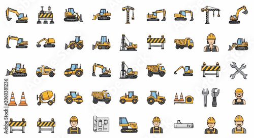 Collection of construction equipment and tools icons for building industry projects.