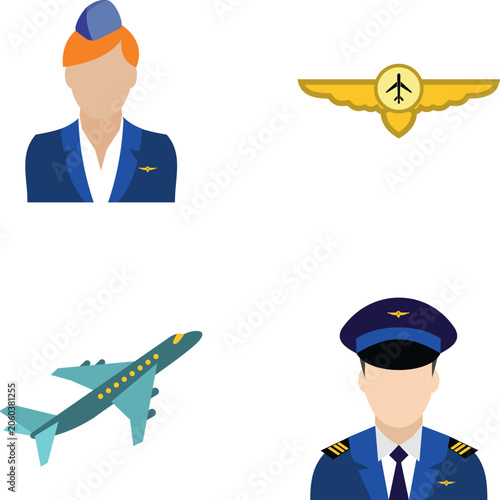Aviation career icons showing airplane, pilot, flight attendant uniform, and pilot wings badge