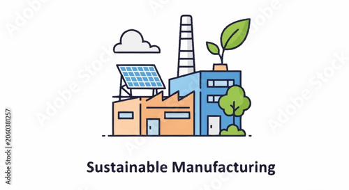 Sustainable manufacturing concept with solar panels and green plant on factory building.