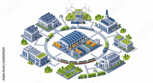 Modern industrial complex with renewable energy sources and efficient logistics network.