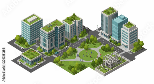 Isometric view of a modern city block with green roofs and parks, symbolizing sustainable urban development.