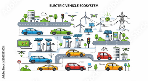 Illustration of a sustainable electric vehicle ecosystem with charging stations, solar panels, and wind turbines.