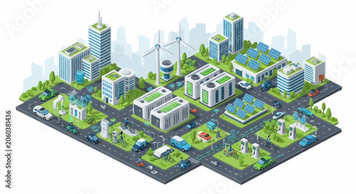 Futuristic smart city concept with renewable energy sources and electric vehicles.