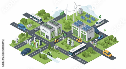 Isometric illustration of a sustainable city with electric vehicles, solar panels, and wind turbines.