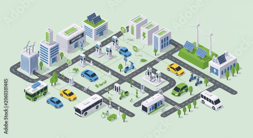 Isometric illustration of a smart city with electric vehicles and renewable energy sources.