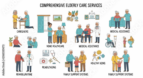 Comprehensive Elderly Care Services Illustrated with Various Support Options.