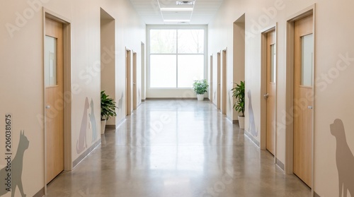 Veterinary clinic corridor, Clean animal hospital interior, Modern healthcare hallway, Pet care facility background, Minimal copy space, Professional medical design
