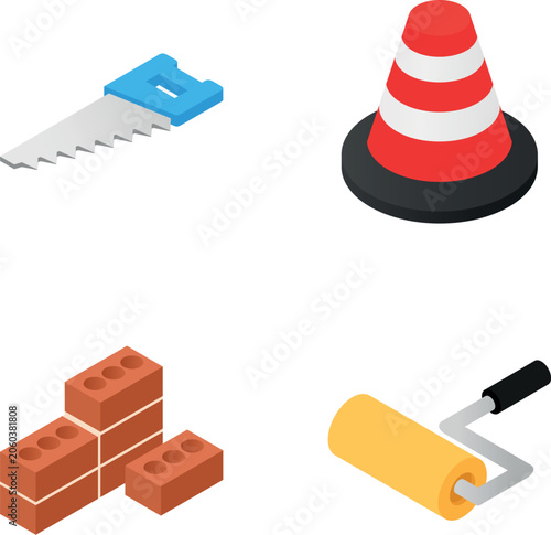 Various construction and renovation isometric tools like saw, traffic cone, bricks, and paint roller