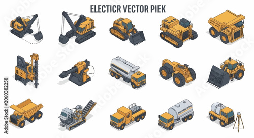 Fotografia Isometric vector illustration of construction and mining heavy machinery, including excavators, dump trucks, and drilling equipment