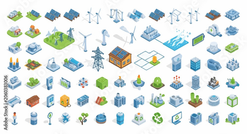 Fotografie Isometric icons representing renewable energy sources, power generation, and sustainable infrastructure
