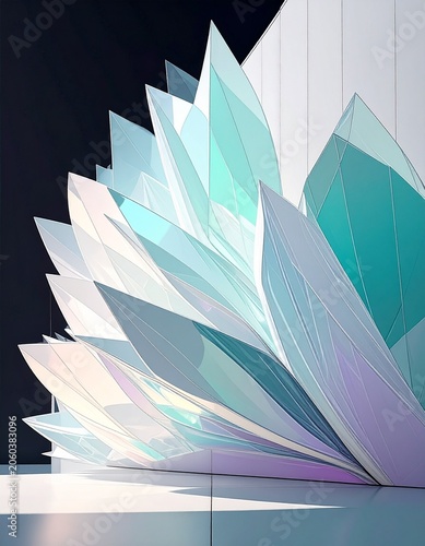 Crystalline Structure: Abstracted crystal formation with geometric facets in soft pastel hues, evoking a sense of modern design and artistic sophistication.