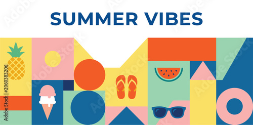 Geometric summer vibes flat design banner with vacation holiday elements for web and print