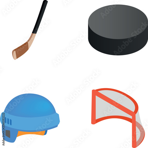 Photography Ice hockey gear including puck, stick, helmet, and net for winter sports competi