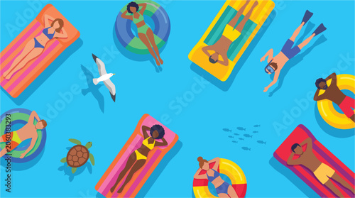 Top view flat design illustration of people floating on ocean inflatables for web and print