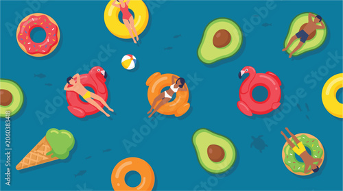 Top view flat design illustration of people on novelty pool floats for summer web banners