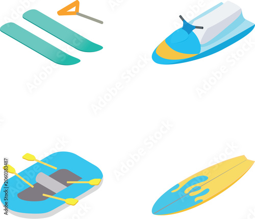 Isometric icons of water skis, jet ski, inflatable raft, and surfboard on white background