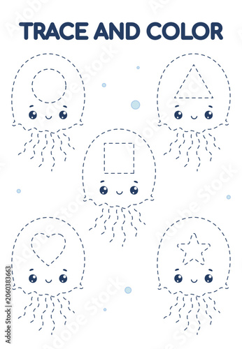 Educational worksheet with jellyfish and shapes to trace and colour color. Dashed outline and a cute inhabitants of the seas and oceans. for kids fine motor skills practice.