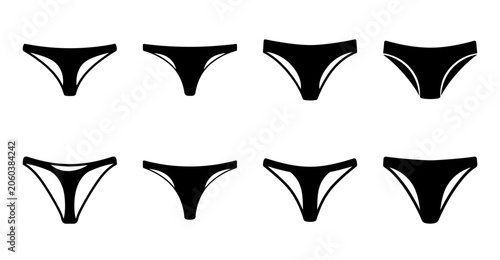 Photos Black bikini bottoms flat illustration set - A clean, minimal set of eight black bikini bottoms illustrated in a flat design style, perfect for fashion or lifestyle projects