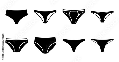 Tableau sur toile Black bikini bottoms flat illustration set - Eight black bikini bottom styles shown in a clean, flat design perfect for fashion or commercial use