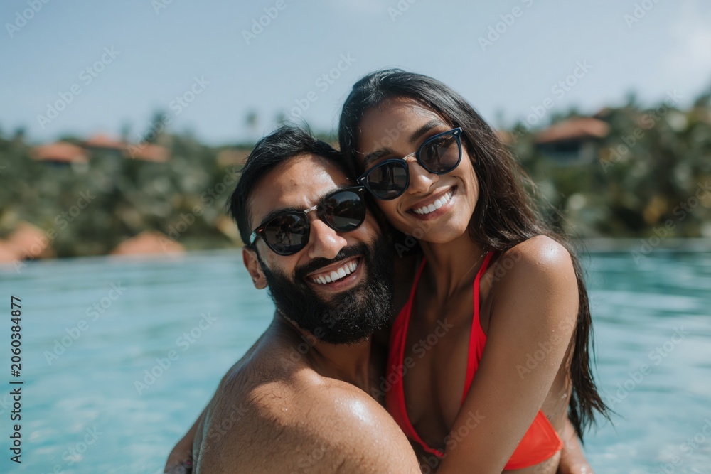 Fototapeta premium Mixed couple embracing and smiling in resort swimming pool