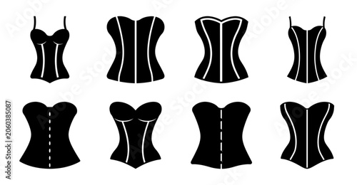Photos Black corset bodice vector styles collection - Eight stylish black corset bodice designs in vector format, showcasing different lace-up and boning styles for fashion or illustration use