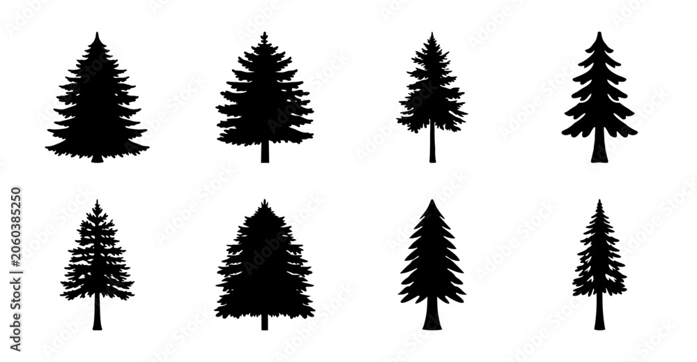 Fototapeta premium Eight black silhouetted pine trees illustration - A clean and minimalist set of eight black pine tree silhouettes arranged in two rows of four, ideal for nature-themed designs and vector graphics.
