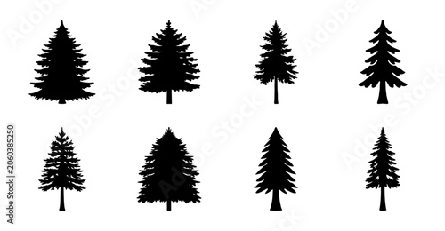Eight black silhouetted pine trees illustration - A clean and minimalist set of eight black pine tree silhouettes arranged in two rows of four, ideal for nature-themed designs and vector graphics.
