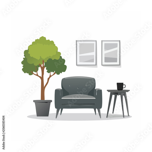 Minimalist living room interior with armchair and plant