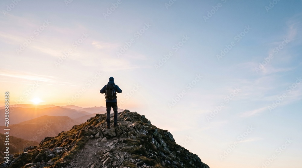 Obraz premium Hiker standing on mountain peak at sunrise enjoying the view