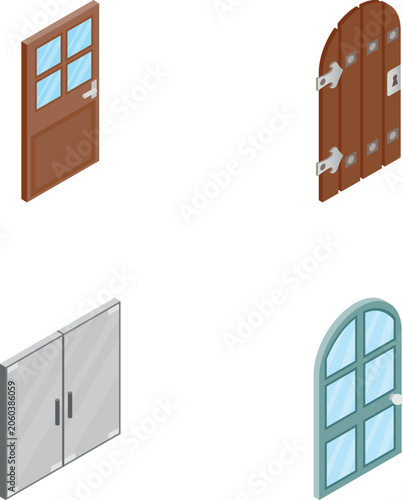 Collection of stylized isometric doors featuring different materials and architectural styles