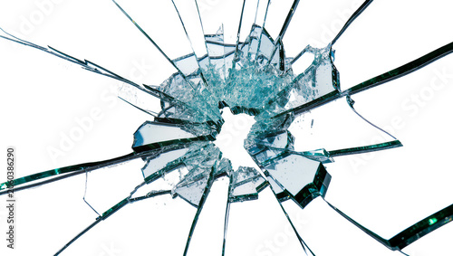 Obraz na płótnie Shattered glass with sharp fragments radiating outwards, isolated on transparent