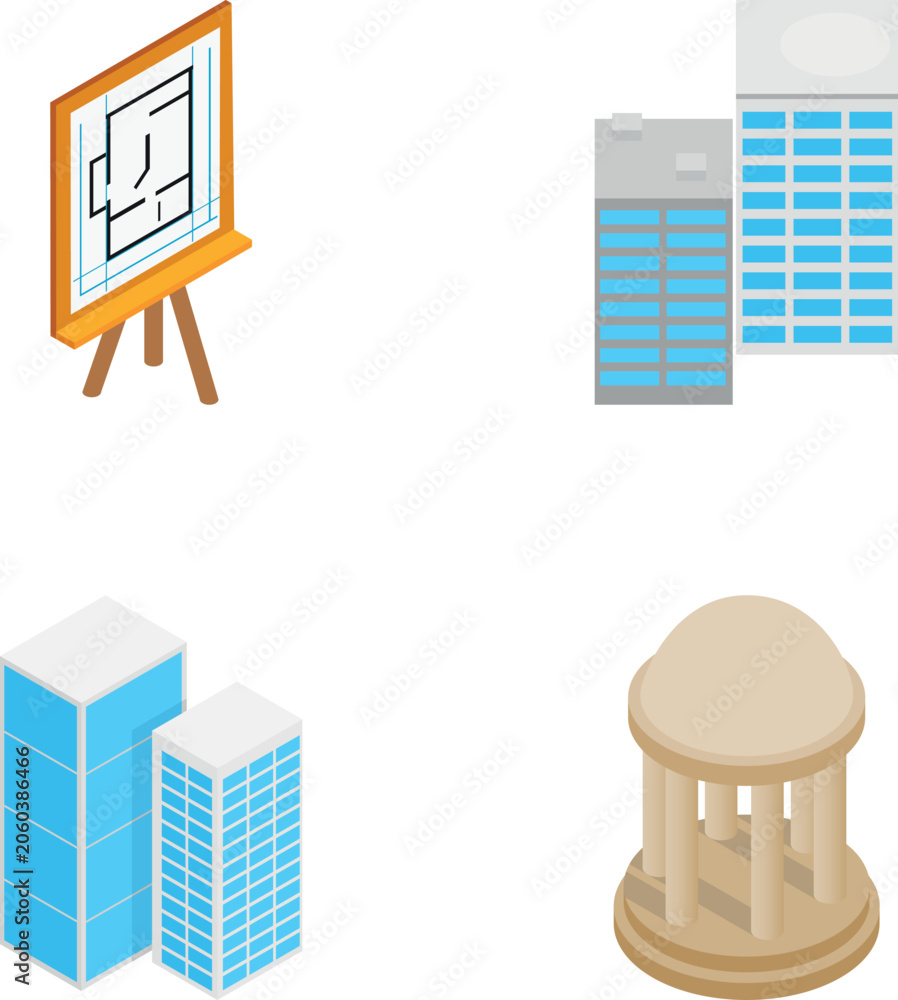 Naklejka premium Displaying a collection of isometric buildings, blueprints, and architectural design elements