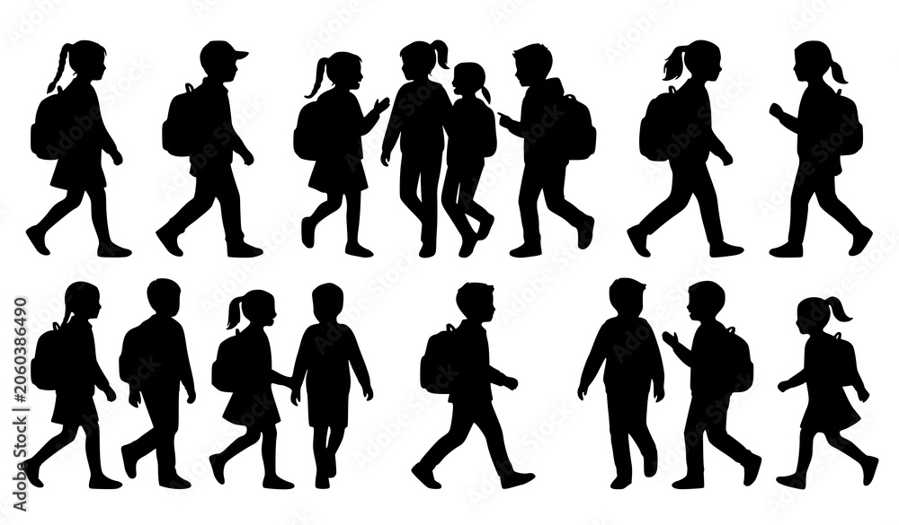 Obraz premium Walking School Kids Silhouette Set with Backpacks Educational Vector