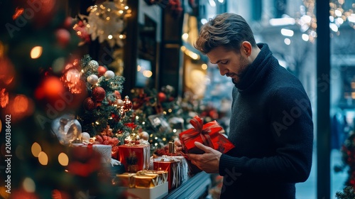 Man holds a red wrapped Christmas gift while standing in a festive shop filled with seasonal holiday decorations.
