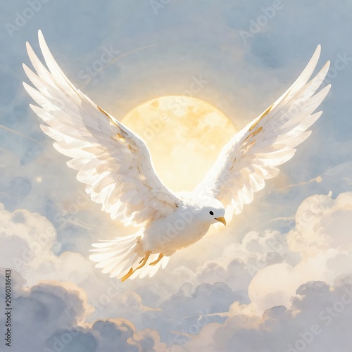White dove flying, peaceful cloudy sky, full moon, serene bird in flight, symbol of hope